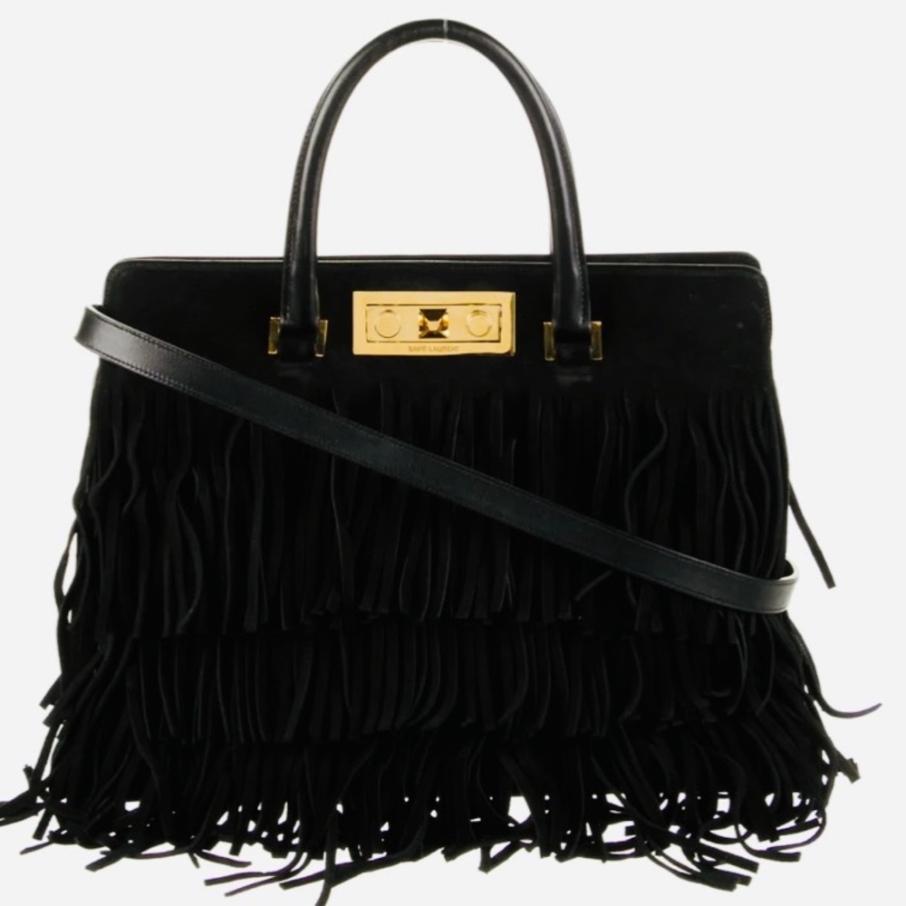 SAINT LAURENT ELEGANT BLACK Suede Layers of Fringes lined Beautifully with Gold